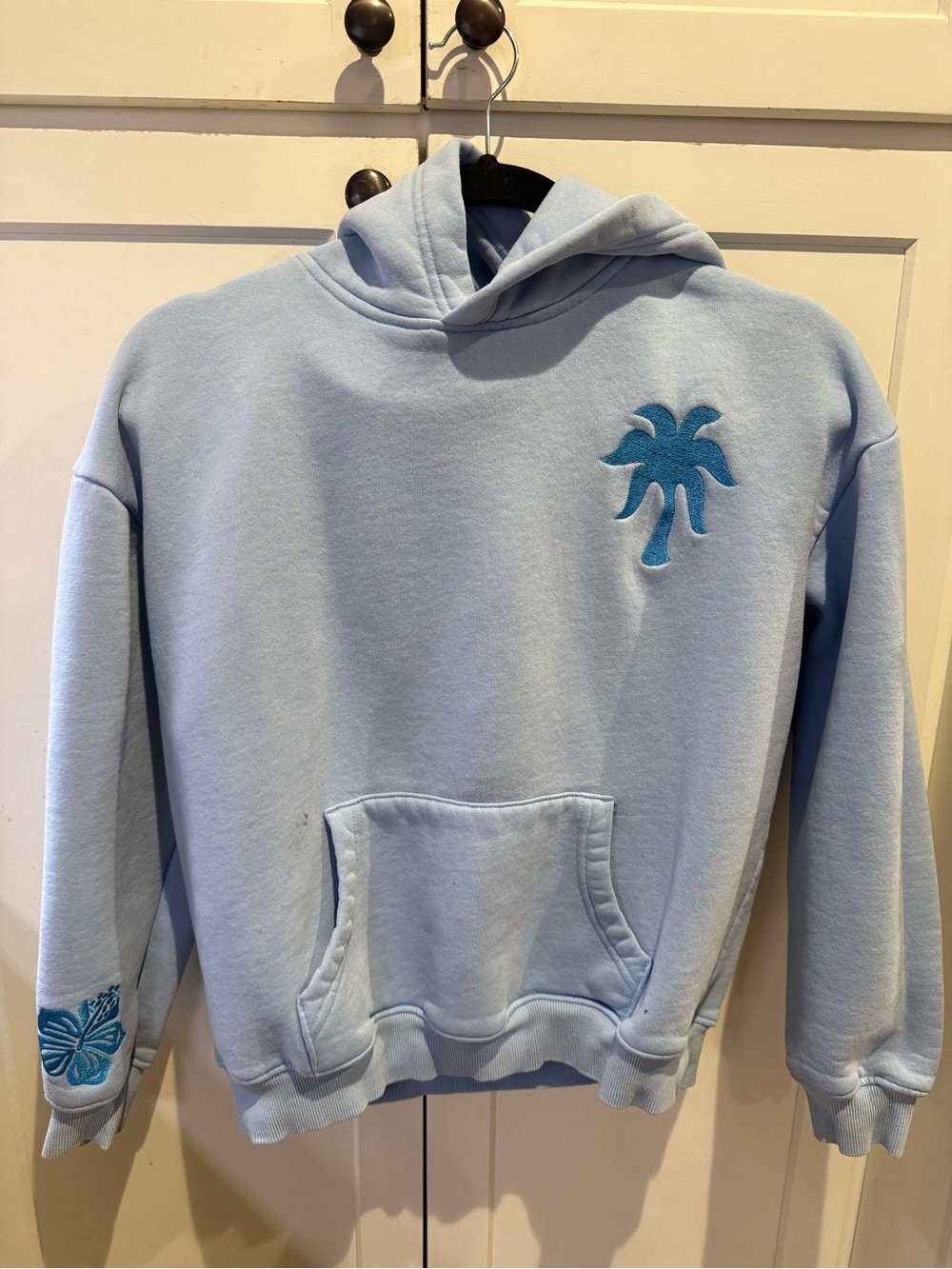 Women's Light Blue Pink Palm-Puff Embroidered Hoodie XS